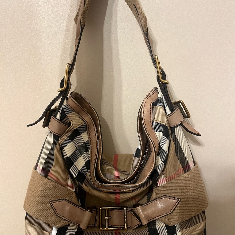 Burberry Tan and Black Hobo Bag with Leather Accents